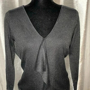 New York & Company Women’s Small 3/4 Sleeve V Neck Ruffle Black Sparkle Blouse